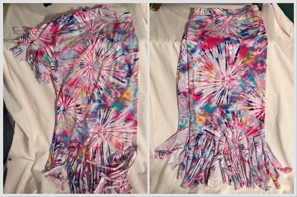 Rouge Collection Plus Size Blue-Pink Tie-Dye Fringe Sleeve Hem Tee/Skirt Set 3X